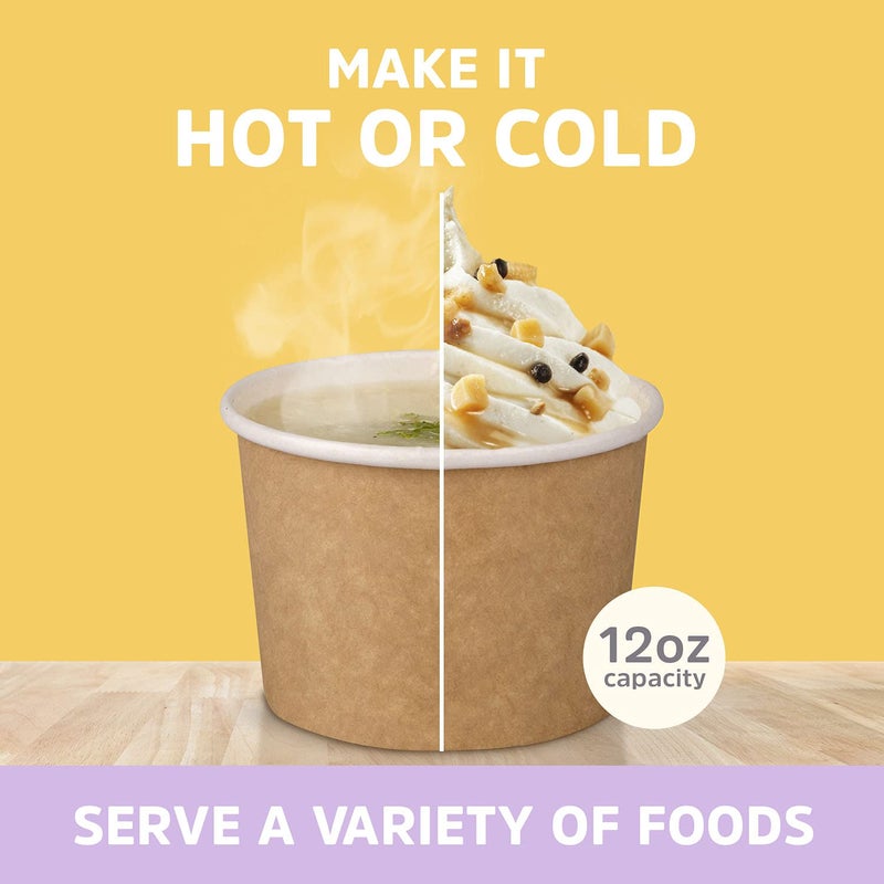 Promora 12oz Paper Ice Cream Cups Disposable 50 Count + Spoons, Bowls for Hot Soup/Dessert with Spoons, Perfect for Hot & Cold Food, Disposable Soup Bowls, Ice Cream Bowls, Frozen Yogurt (Brown 12oz) - Image 3